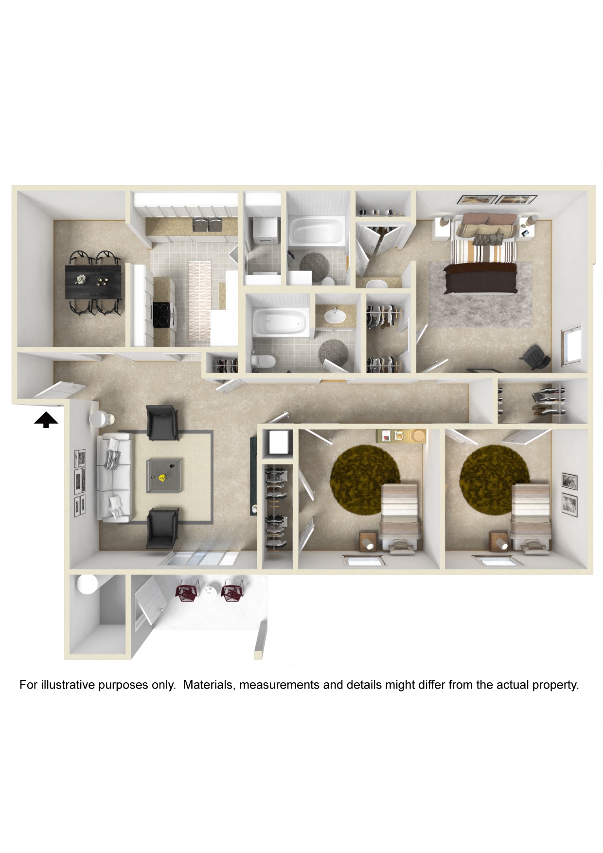 Floor plan for 3 beds, 2 baths, 1250 sqft